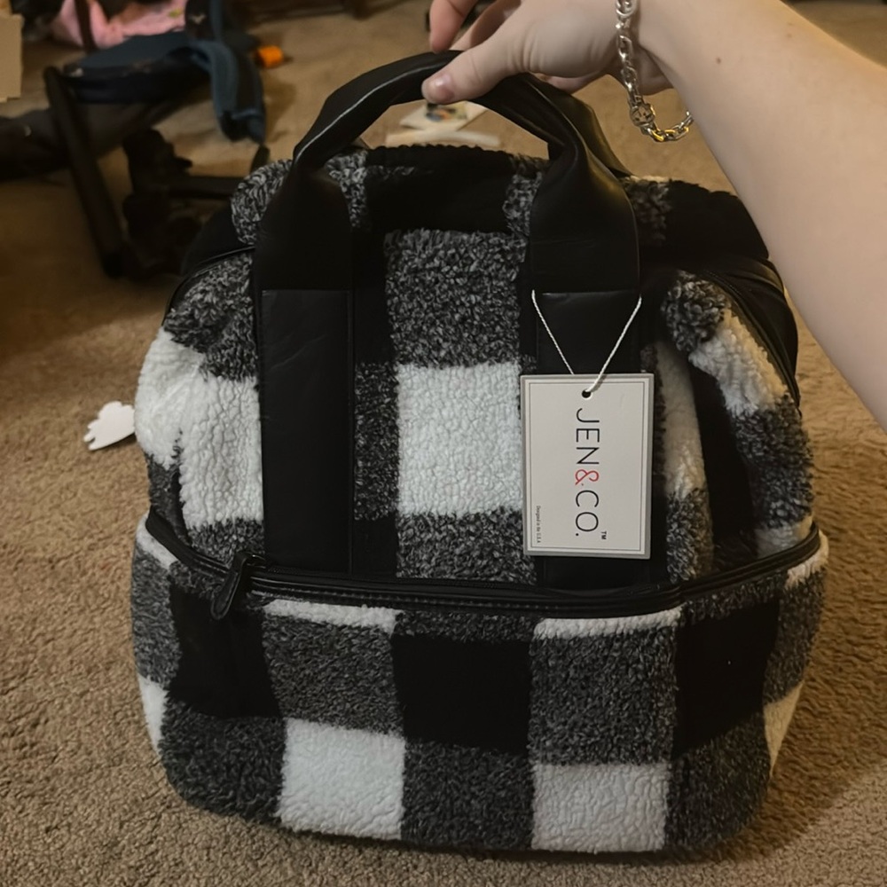 Black/white plaid soft backpack
